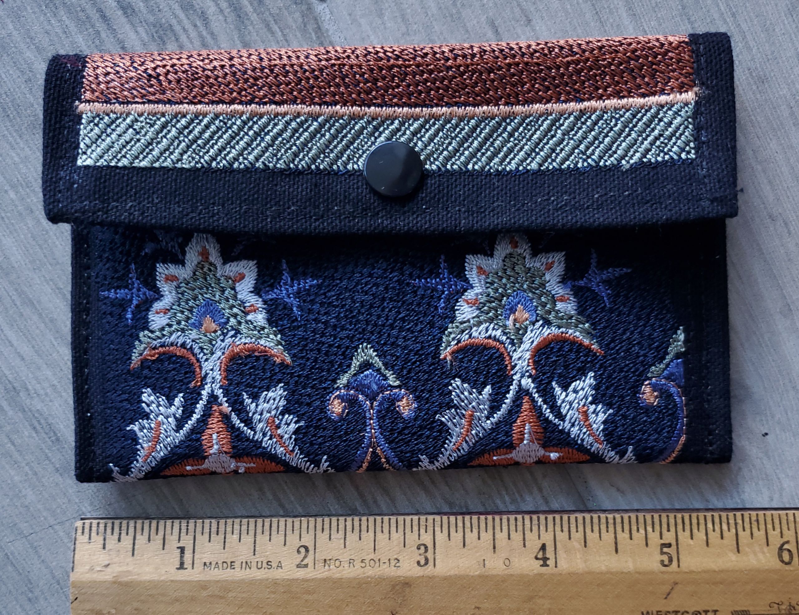 small-tapestry-wallet-navy-rust-front-Jen's-Bag-embroidered-bag